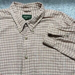 Eddie Bauer Mens XXL Plaid Button Down Shirt Tan Brown Cotton Long Sleeve 0299